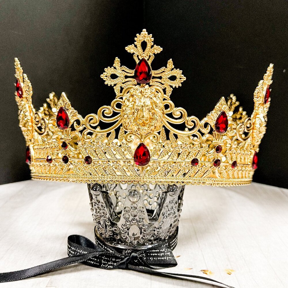 Gold King Lion Crown, Prince Wedding Headpiece, Red Crystal Crown for Groomsmen